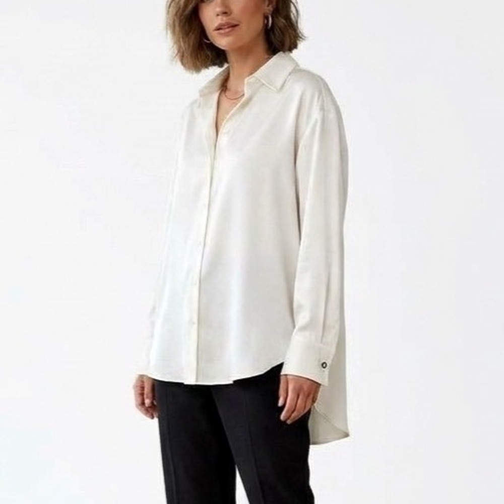 GIANNI BINI Button-Up Shirt THICK SATIN FLOWY DRESSY Crystal Button Cuffs Sz S